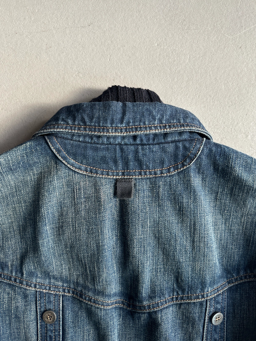 BURBERRY - 2000s DENIM BOMBER JACKET WITH KNITTED DETAILS