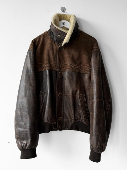ITALIAN LABEL 1980s LEATHER BOMBER JACKET WITH DETACHABLE SHEARLING COLLAR