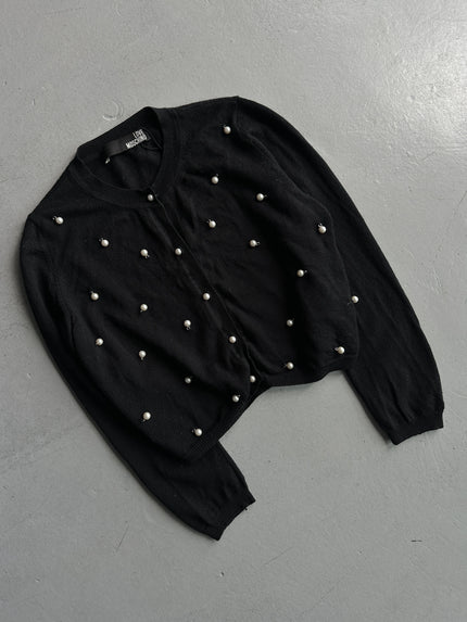 MOSCHINO - 2000s CROP FIT WOOL CARDIGAN WITH PEARL EMBELLISHMENTS FRONT