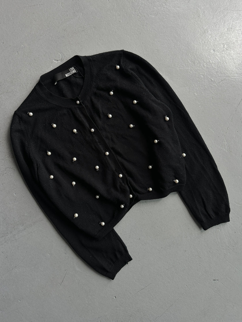 MOSCHINO - 2000s CROP FIT WOOL CARDIGAN WITH PEARL EMBELLISHMENTS FRONT