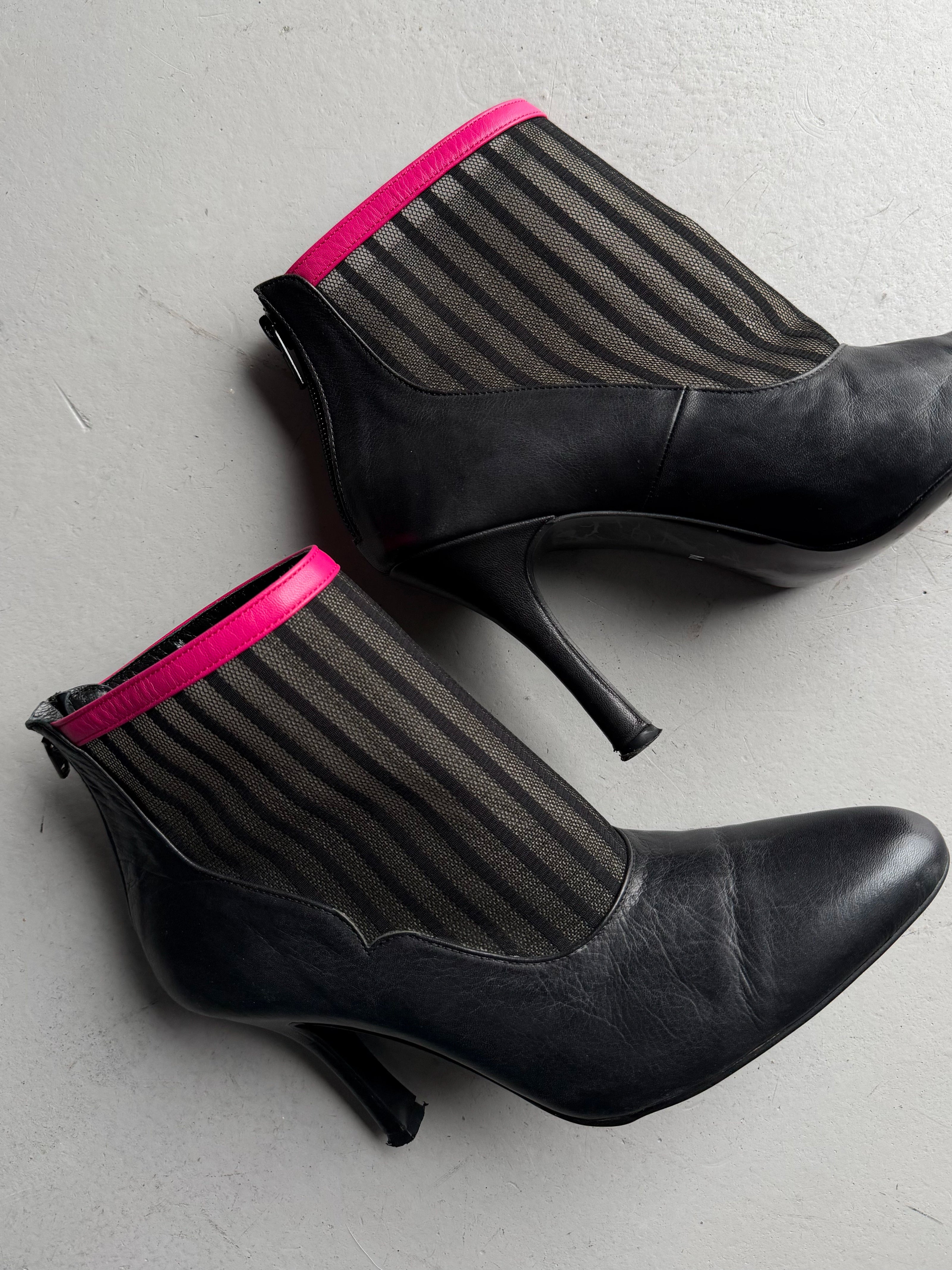 LIMI FEU BY LIMI YAMAMOTO - 2000s LEATHER ANKLE BOOTS WITH SHEER MESH PANEL