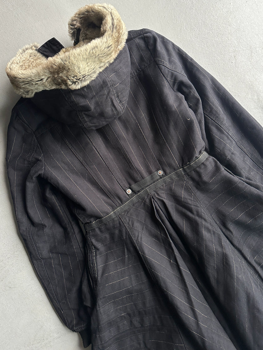 MARITHÉ + FRANÇOIS GIRBAUD - F/W 2005 LONG PINSTRIPE JACKET WITH FAUX FUR HOOD