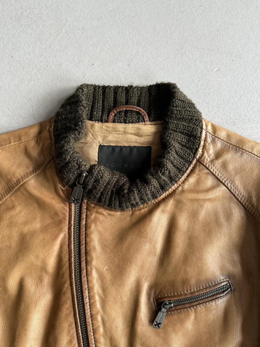 JOHN RICHMOND X - F/W 2005 LEATHER BIKER JACKET WITH KNITTED COLLAR