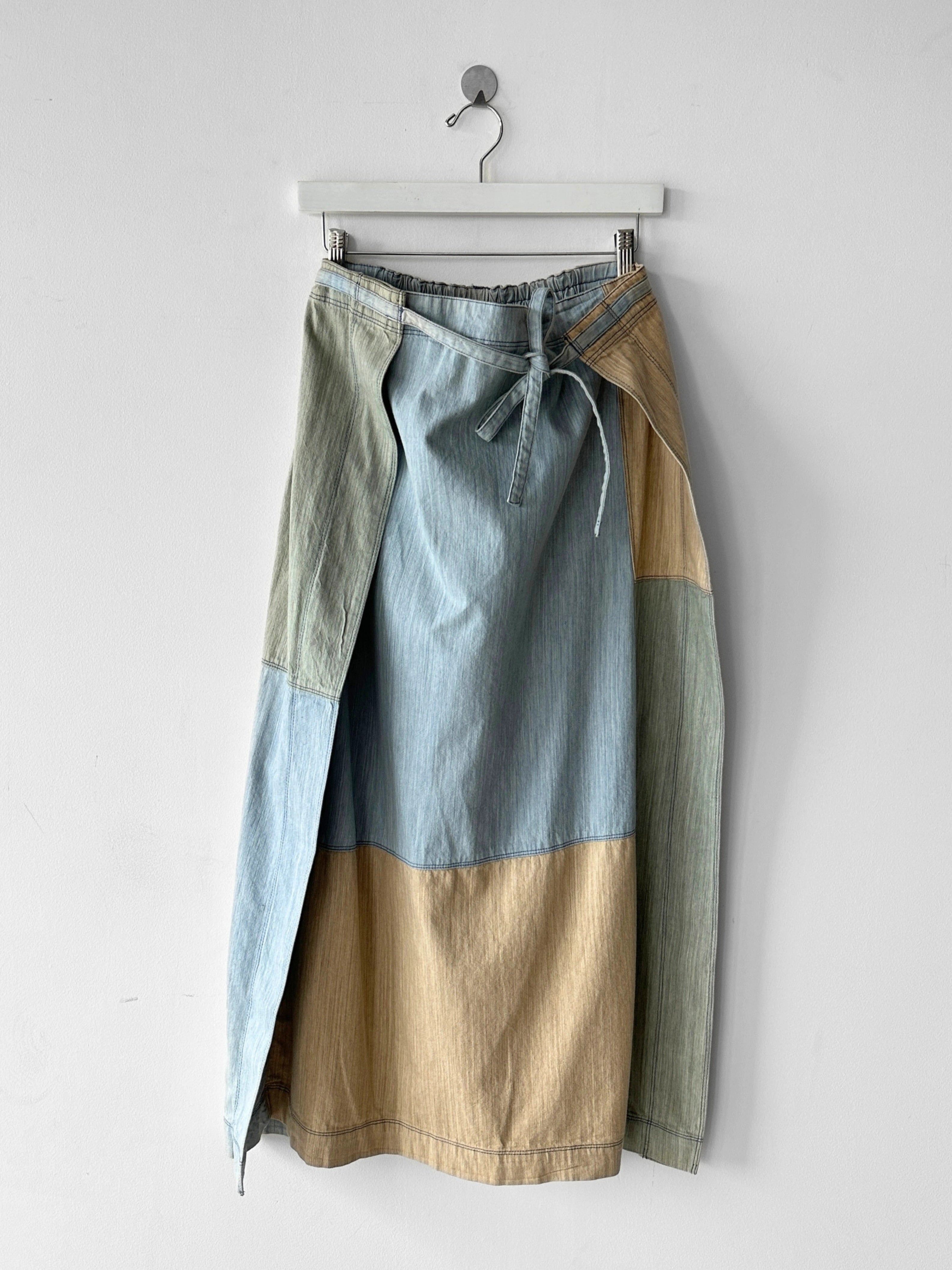 ISSEY MIYAKE HAI - 1980s PATCHWORK DENIM MAXI WRAP SKIRT