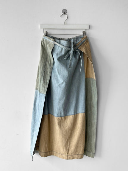 ISSEY MIYAKE HAI - 1980s PATCHWORK DENIM MAXI WRAP SKIRT