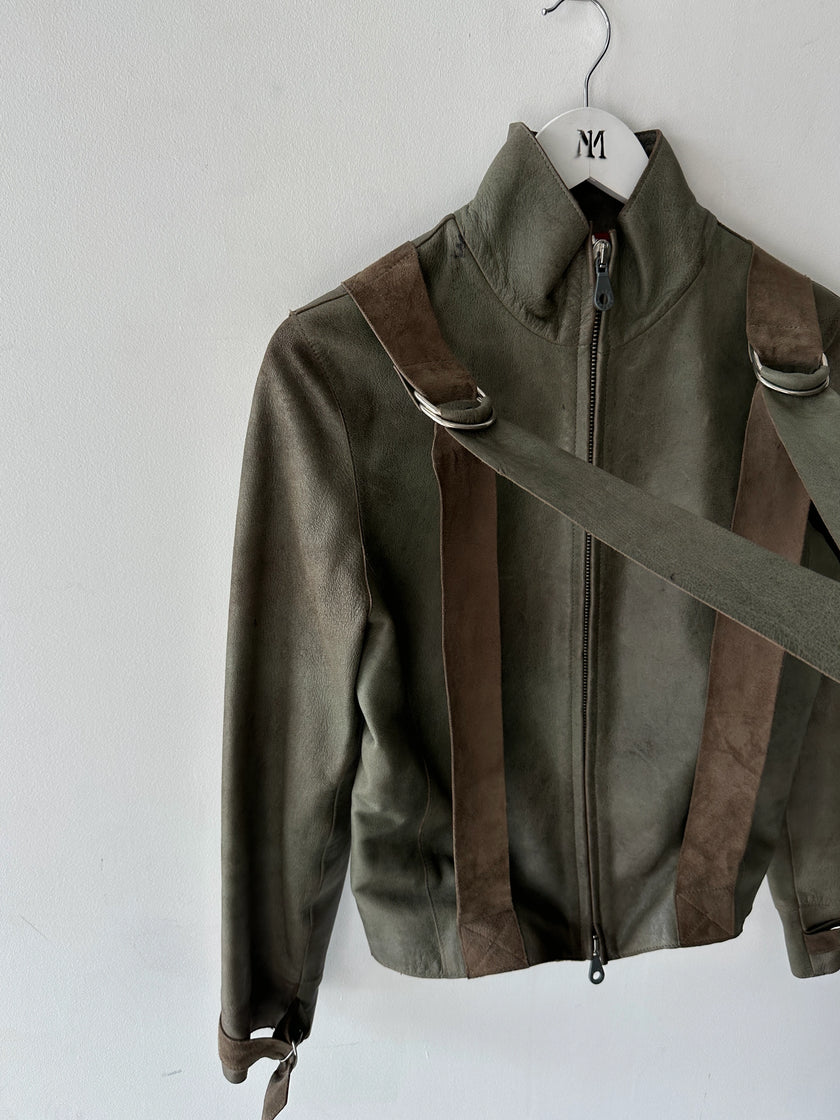 BRITISH LABEL - late 1990s LEATHER JACKET WITH BONDAGE DETAILS