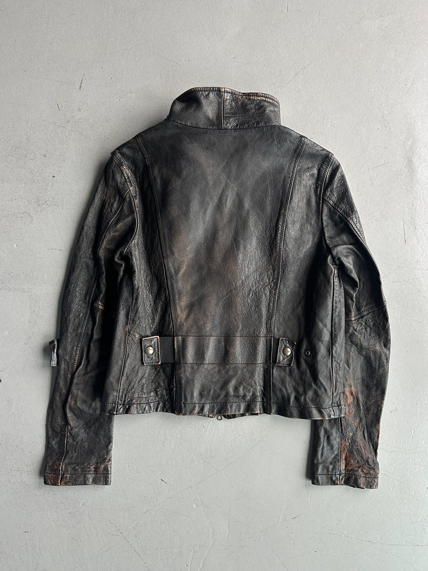 ITALIAN LABEL early 2000s DISTRESSED LEATHER JACKET WITH BONDAGE SLEEVE