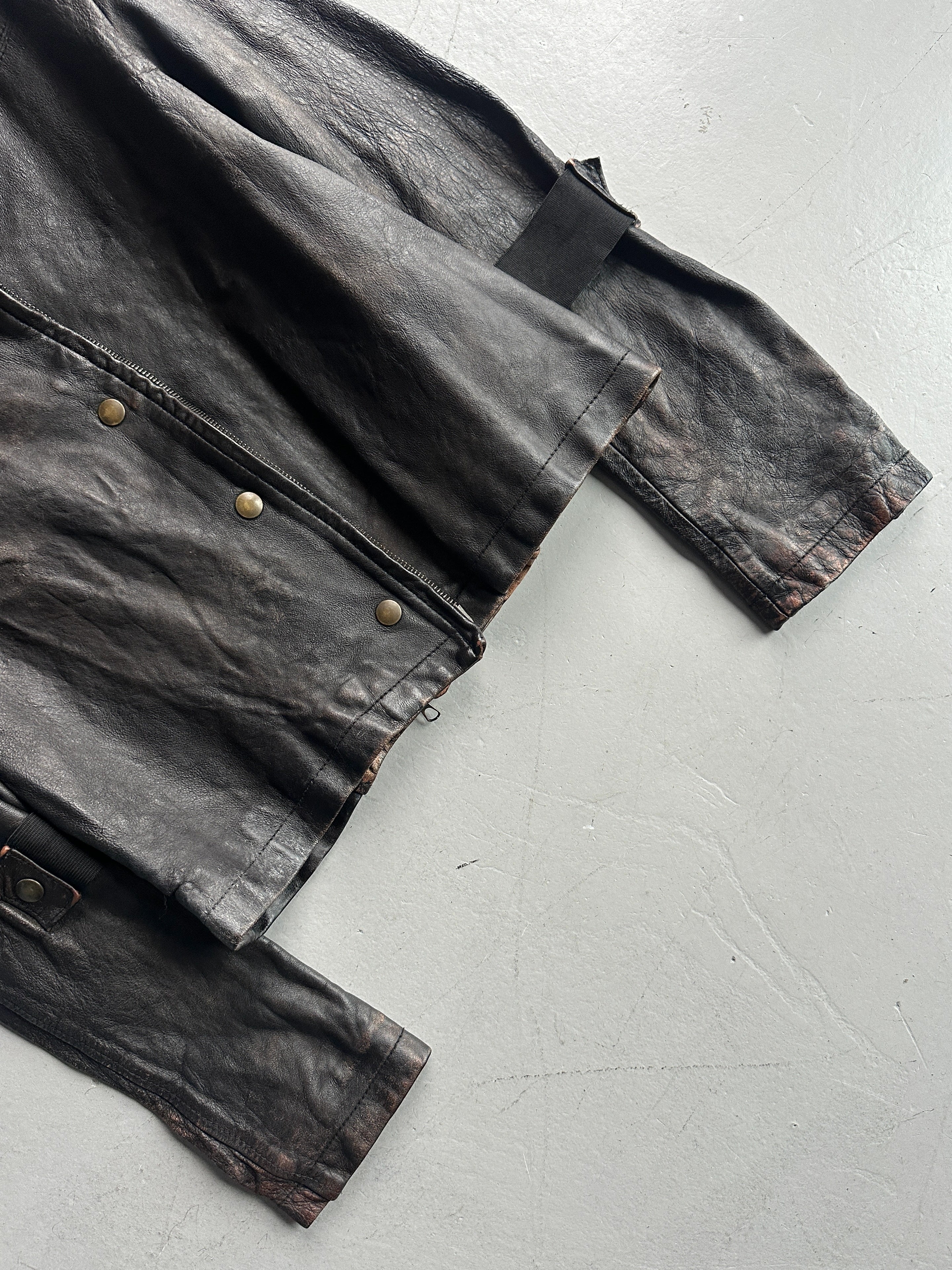 ITALIAN LABEL early 2000s DISTRESSED LEATHER JACKET WITH BONDAGE SLEEVE