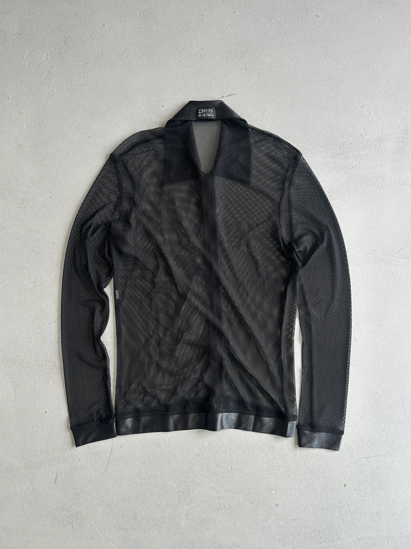 2000s ZIPPED MESH SHIRT WITH SATIN POINTED COLLAR