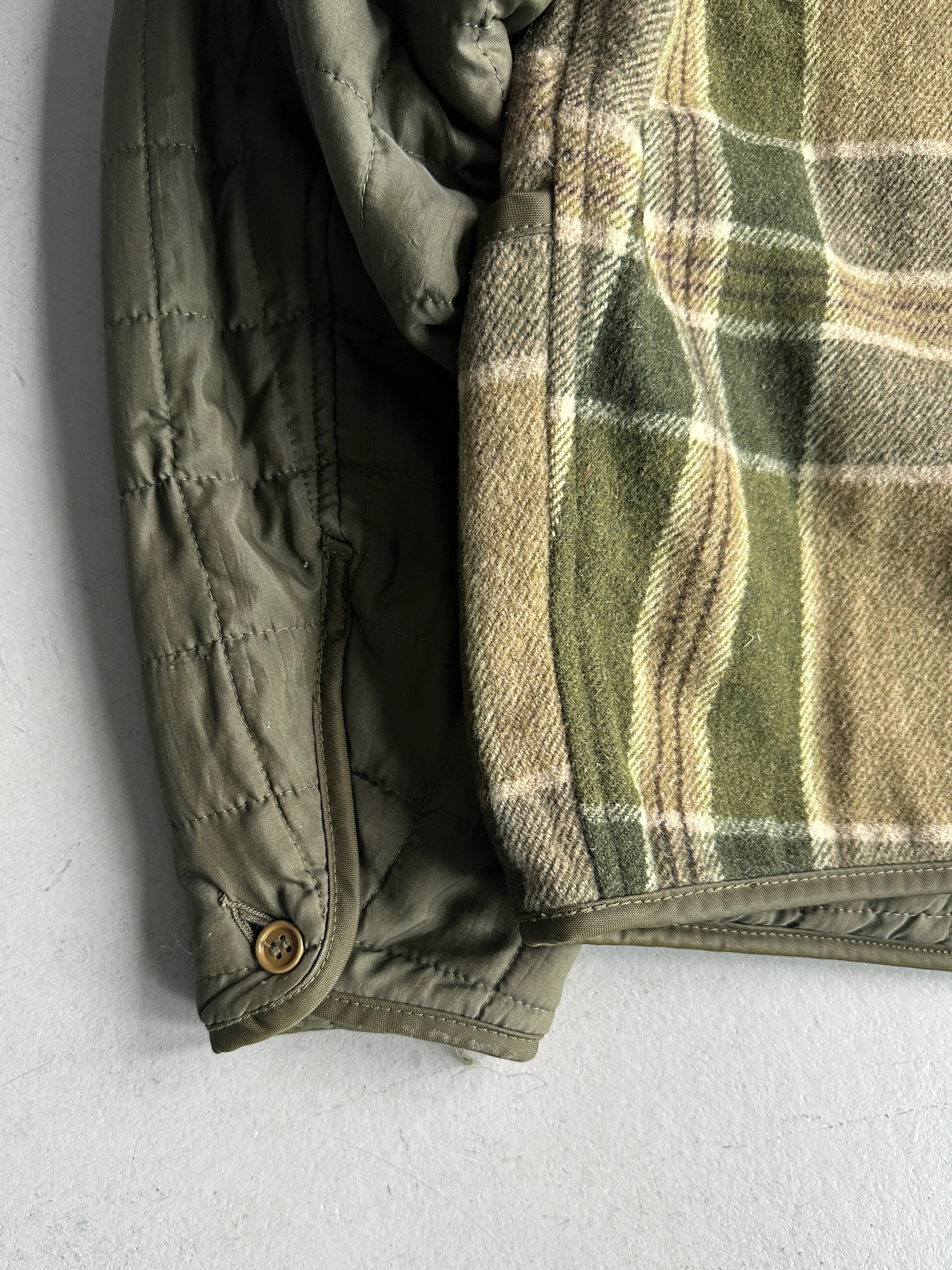 GIANFRANCO FERRÉ - 1980s FUR COLLAR PLAID JACKET WITH CONTRASTING NYLON SLEEVE