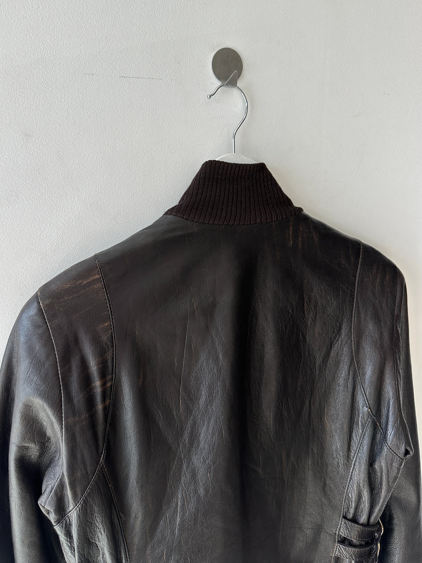 VERSACE - 2000s CROP FIT LEATHER JACKET WITH BONDAGE DETAILS