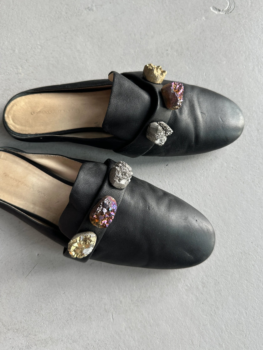 CHRISTOPHER KANE - S/S 2017 LEATHER SLIP ON MULES WITH OVERSIZED CRYSTALS
