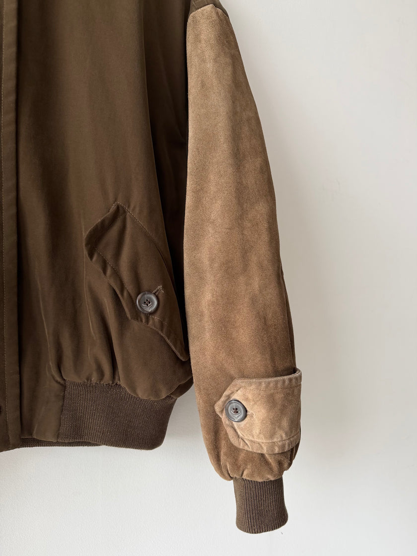 ICEBERG - 1980s BOMBER JACKET WITH CONTRASTING SUEDE SLEEVE AND APPLIQUÉ AT BACK