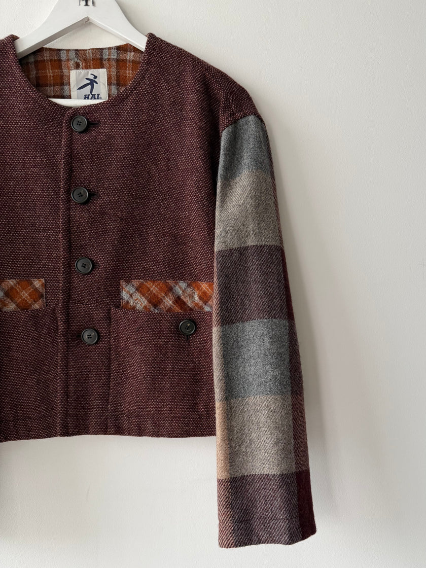 ISSEY MIYAKE HAI - 1980s CROP FIT COLLARLESS WOOL JACKET WITH PLAID DETAILS