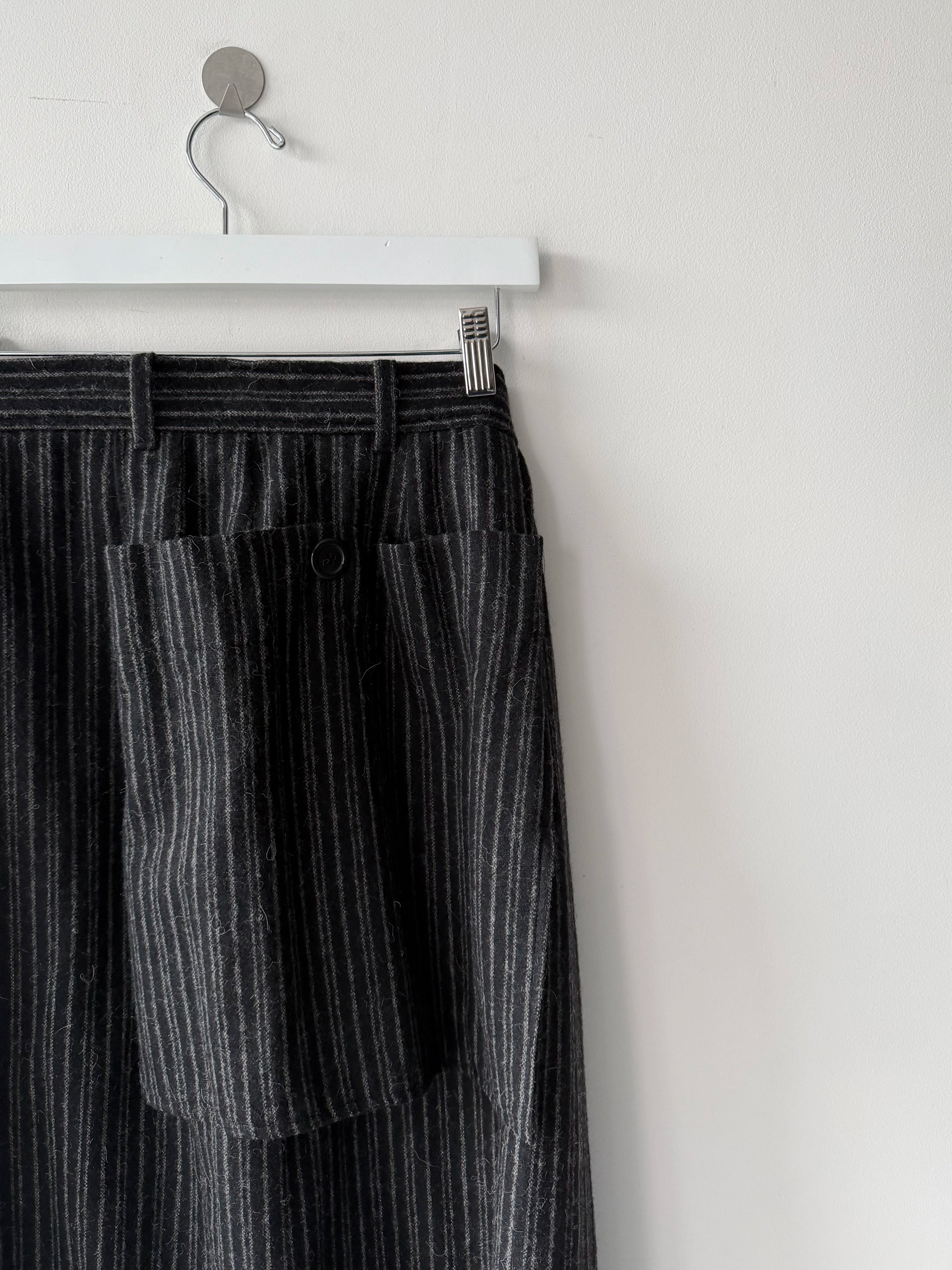 ISSEY MIYAKE HAI - 1980s PLEATED PINSTRIPED MAXI WOOL SKIRT WITH OVERSIZED POCKET