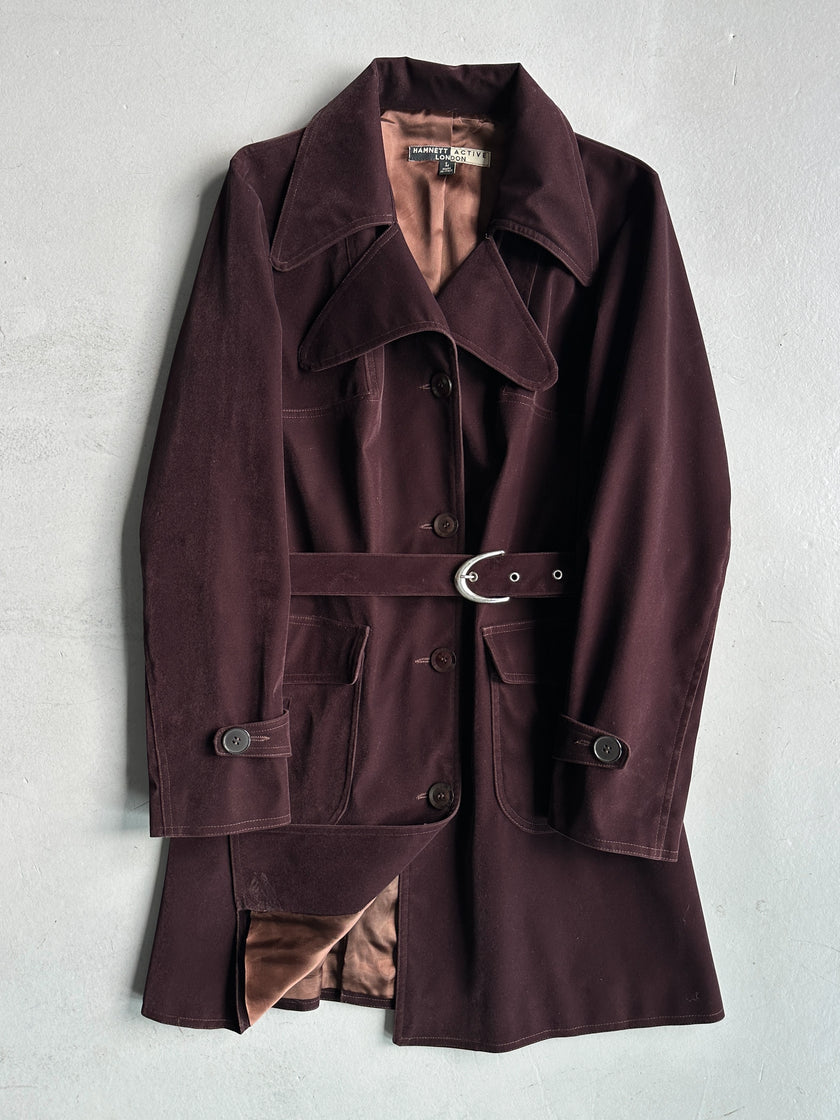 KATHARINE HAMNETT - 1990s VELVET BELTED TRENCH COAT