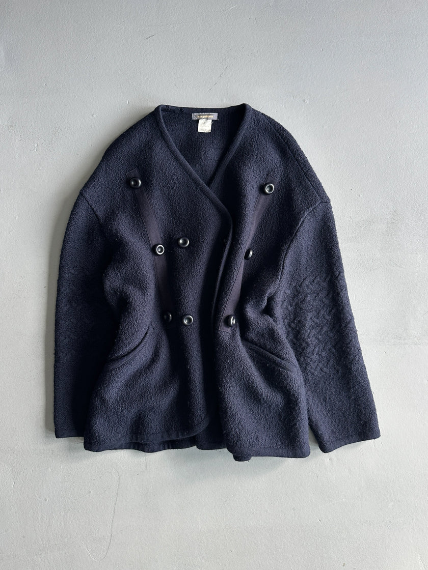 ISSEY MIYAKE - 1980s DOUBLE BREASTED WOOL CARDIGAN WITH SCARF/HOODIE