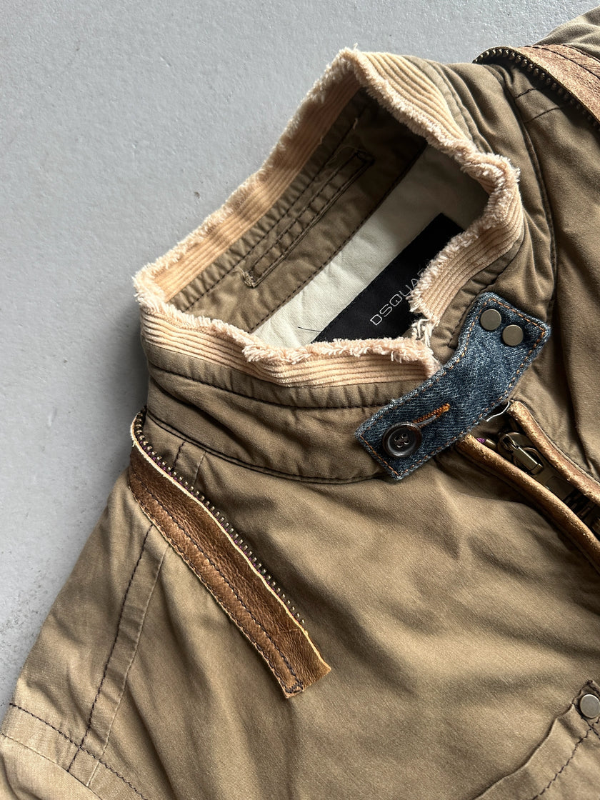 DSQUARED2 - F/W 2002 HOMELESS COLLECTION LAYERED DENIM SLEEVE JACKET WITH LEATHER DETAILS