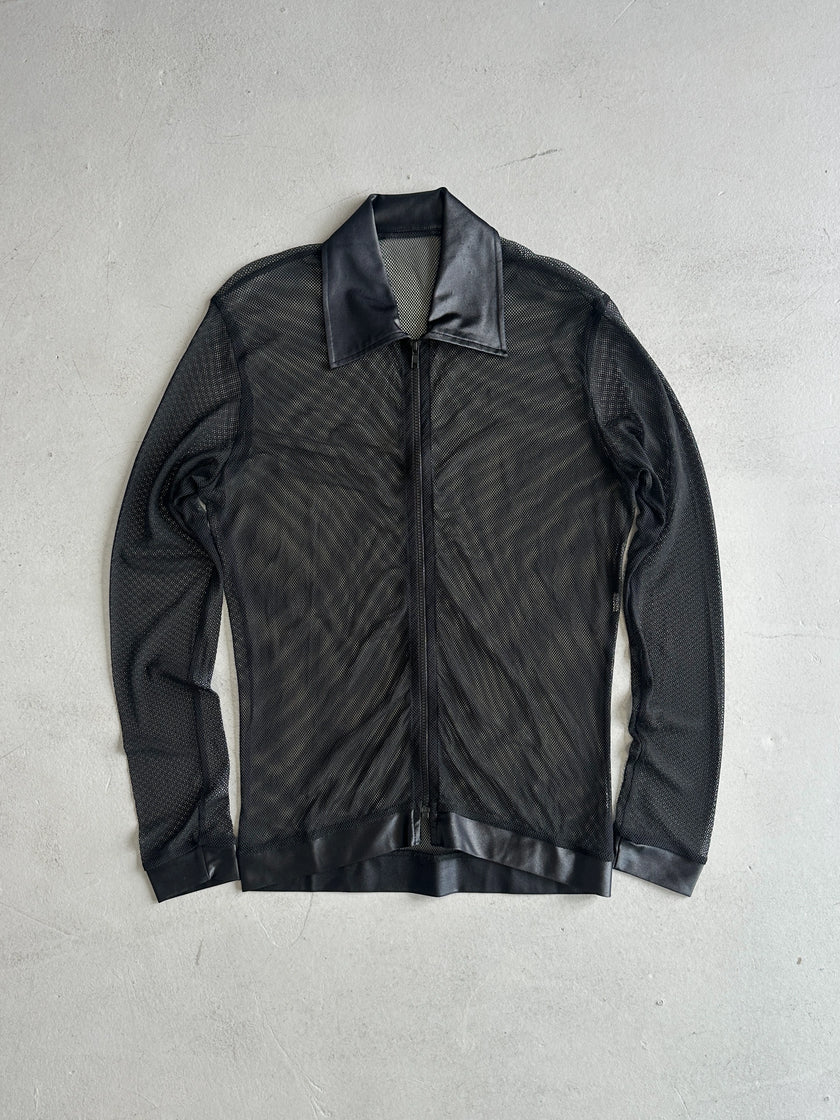 2000s ZIPPED MESH SHIRT WITH SATIN POINTED COLLAR