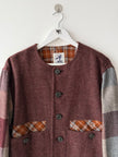 ISSEY MIYAKE HAI - 1980s CROP FIT COLLARLESS WOOL JACKET WITH PLAID DETAILS