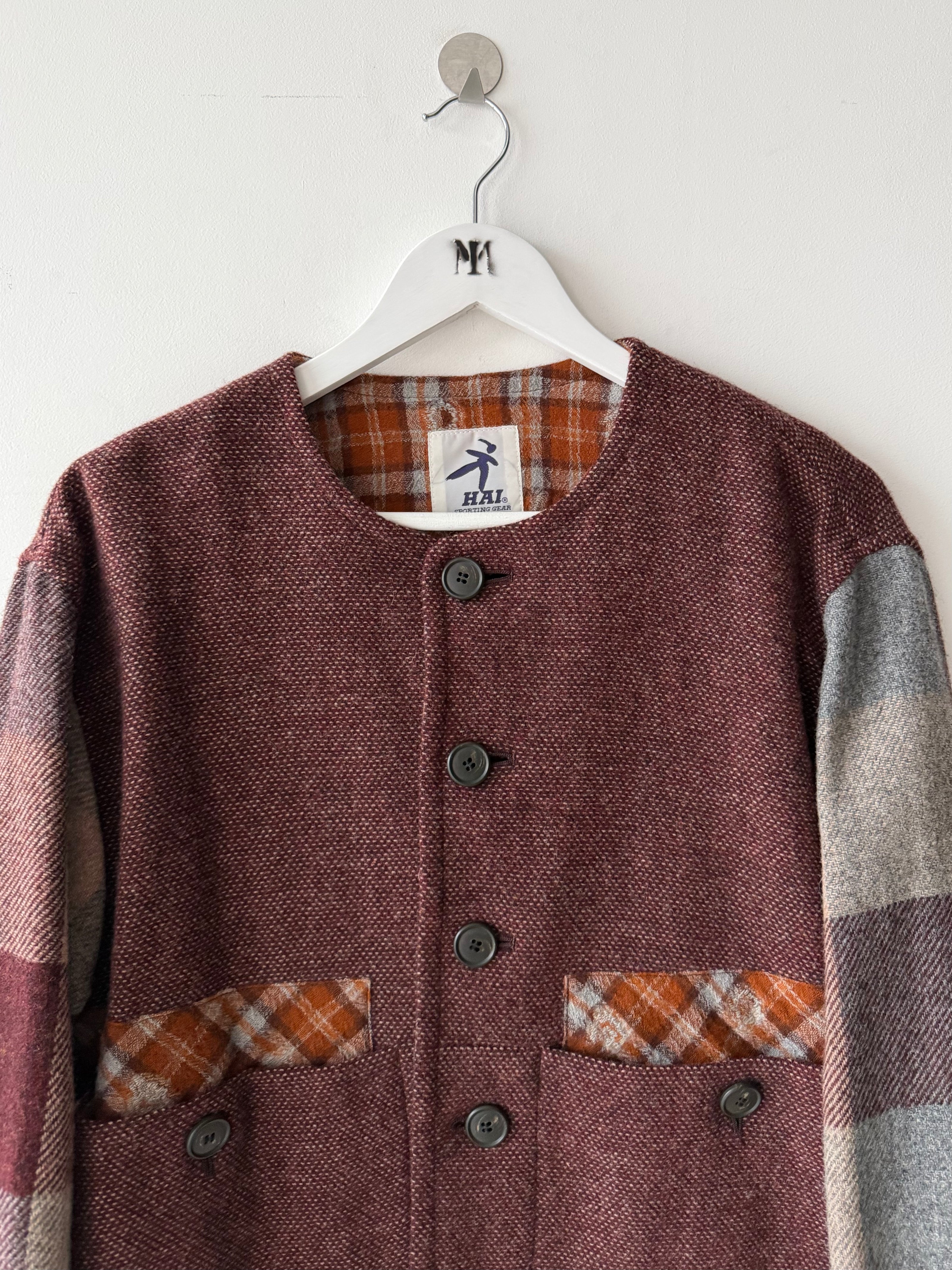 ISSEY MIYAKE HAI - 1980s CROP FIT COLLARLESS WOOL JACKET WITH PLAID DETAILS