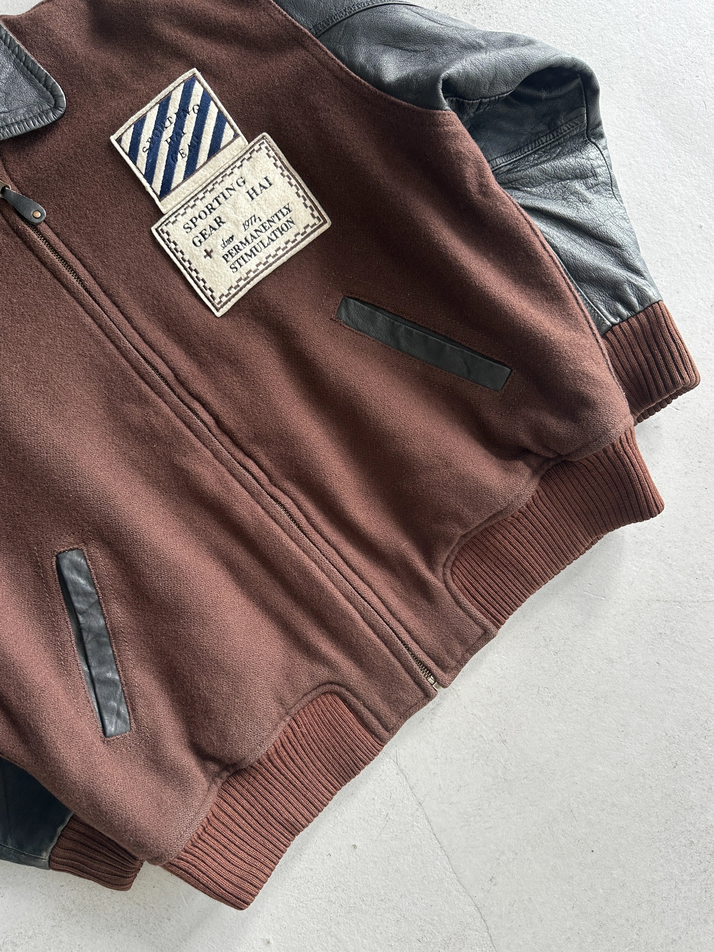 ISSEY MIYAKE HAI - A/W 1993 BOMBER JACKET WITH CONTRASTING LEATHER SLEEVE AND COLLAR