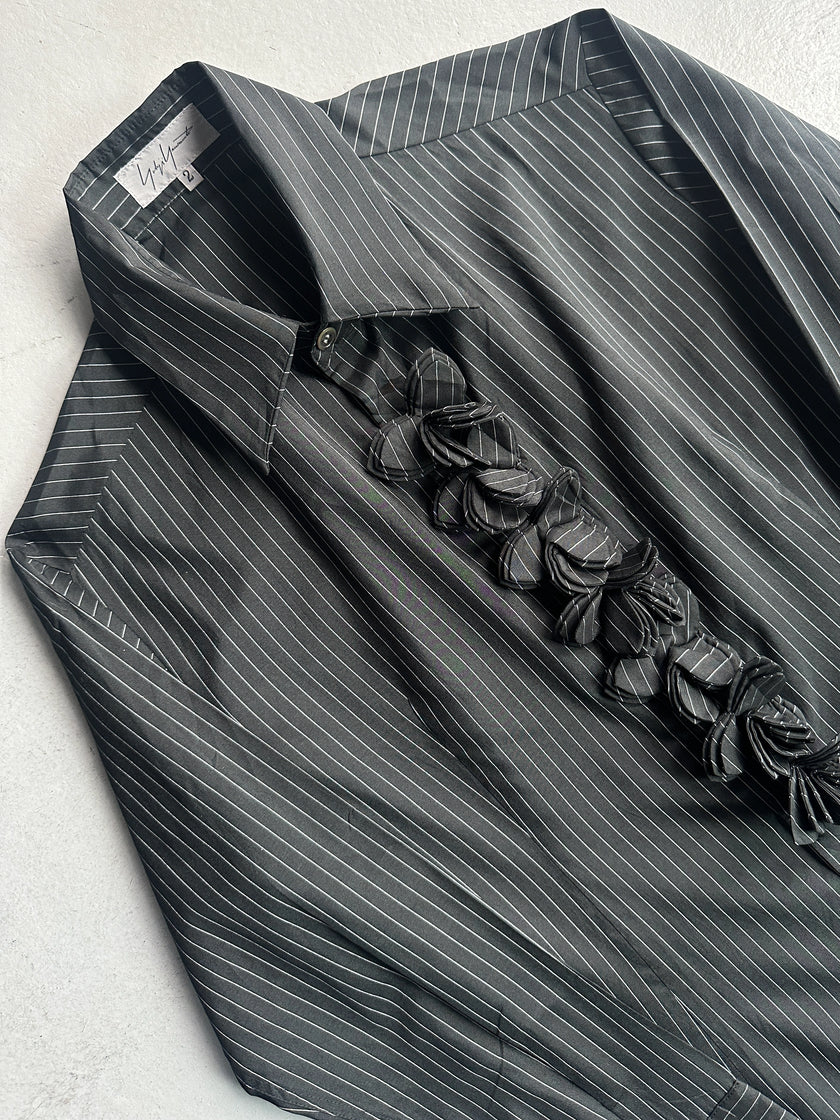 YOHJI YAMAMOTO - S/S 2003 PINSTRIPED SILK SHIRT WITH FLORAL RUFFLE DETAIL AT FRONT