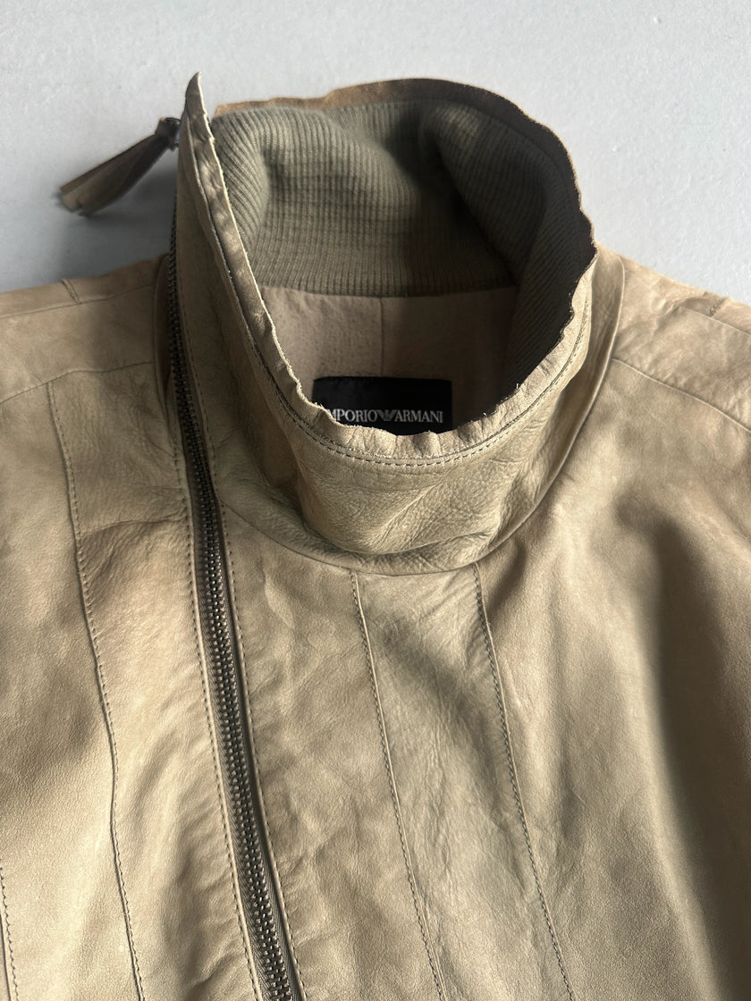 EMPORIO ARMANI - A/W 2011 ASYMMETRICAL ZIP FUNNEL NECK COLLAR CALF LEATHER JACKET