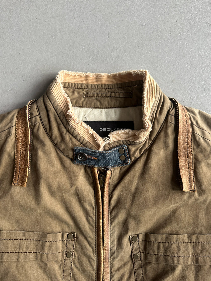 DSQUARED2 - F/W 2002 HOMELESS COLLECTION LAYERED DENIM SLEEVE JACKET WITH LEATHER DETAILS