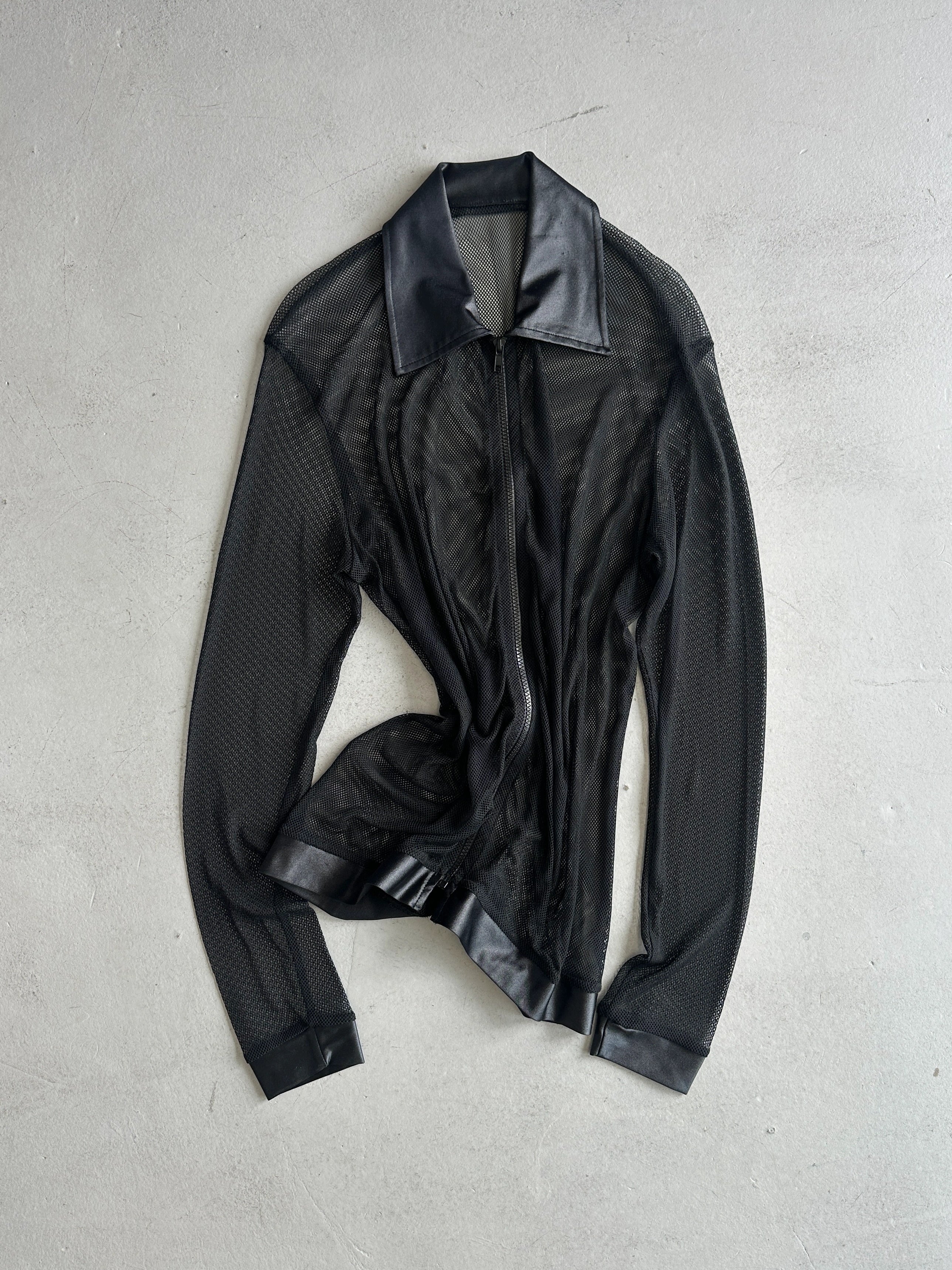 2000s ZIPPED MESH SHIRT WITH SATIN POINTED COLLAR