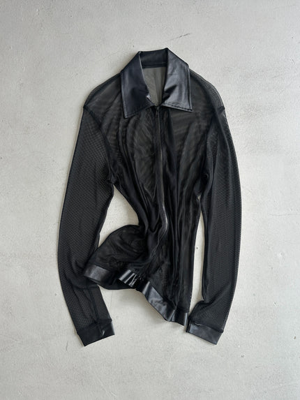 2000s ZIPPED MESH SHIRT WITH SATIN POINTED COLLAR