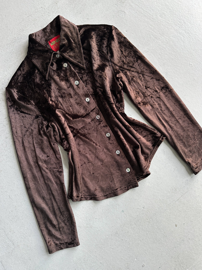 KENZO - 1980s CROP FIT VELVET SHIRT WITH POINTED COLLAR