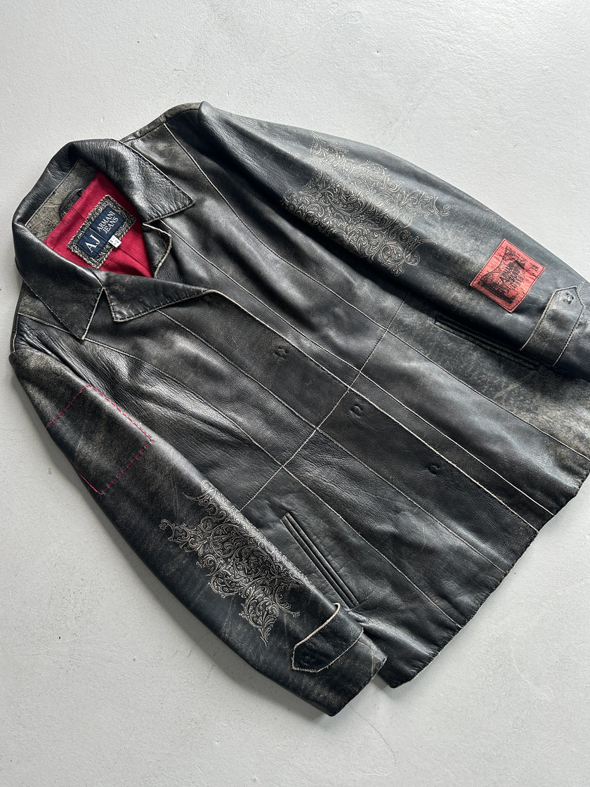 ARMANI JEANS - 1990s DISTRESSED LEATHER ORNAMENTAL PRINTS JACKET
