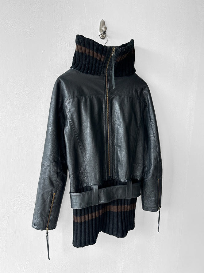 JAPANESE LABEL - late 1990s LEATHER JACKET WITH KNITTED HEM AND ZIP AT BACK