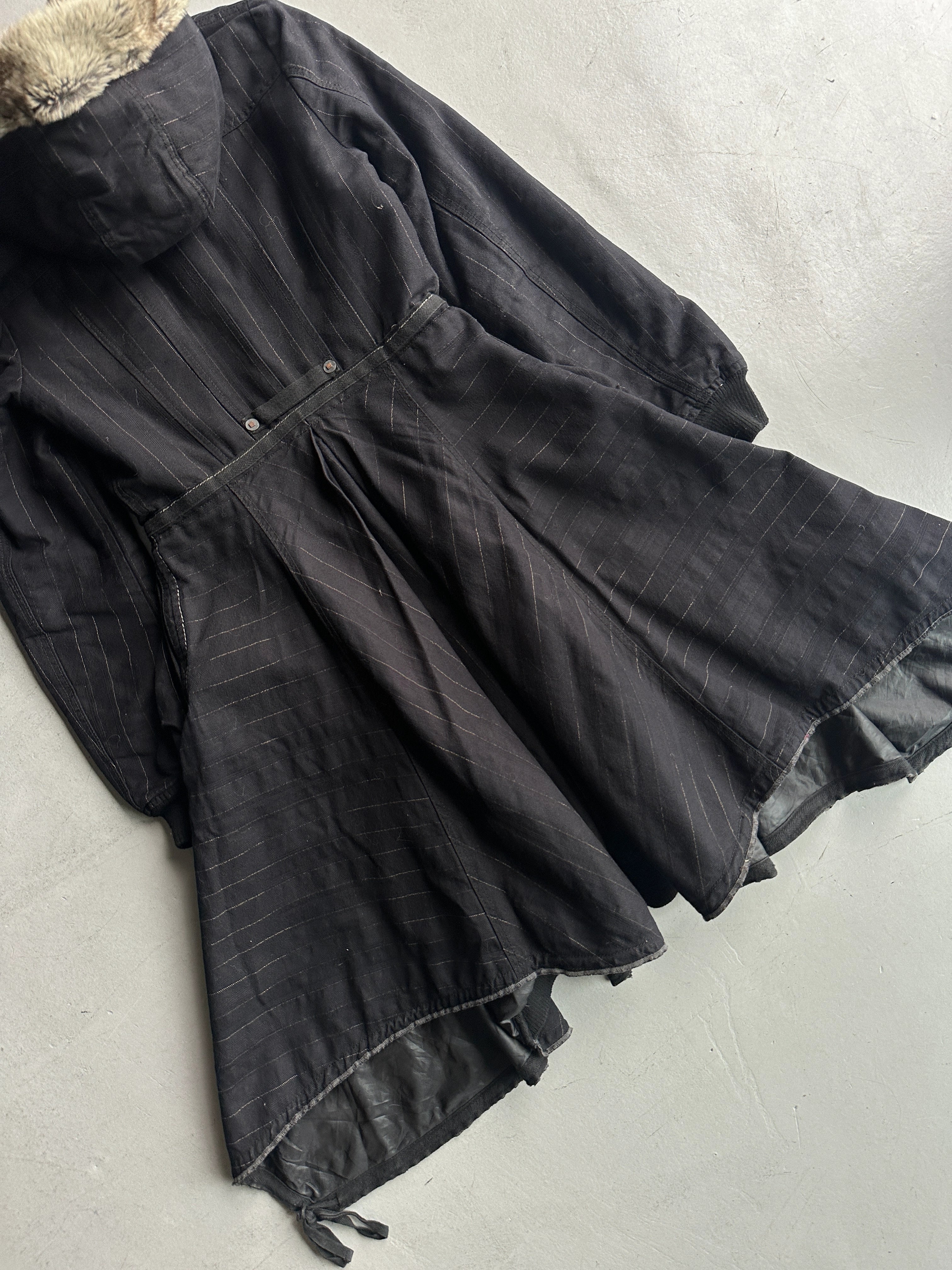 MARITHÉ + FRANÇOIS GIRBAUD - F/W 2005 LONG PINSTRIPE JACKET WITH FAUX FUR HOOD