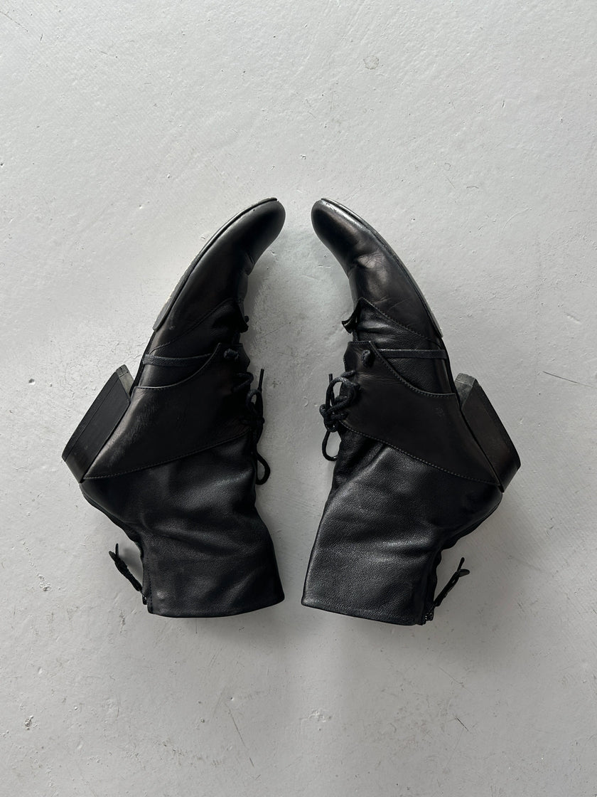 MARITHÉ + FRANÇOIS GIRBAUD - early 2000s SOFT LEATHER ANKLE BOOTS WITH LACE WRAPAROUND DETAILING