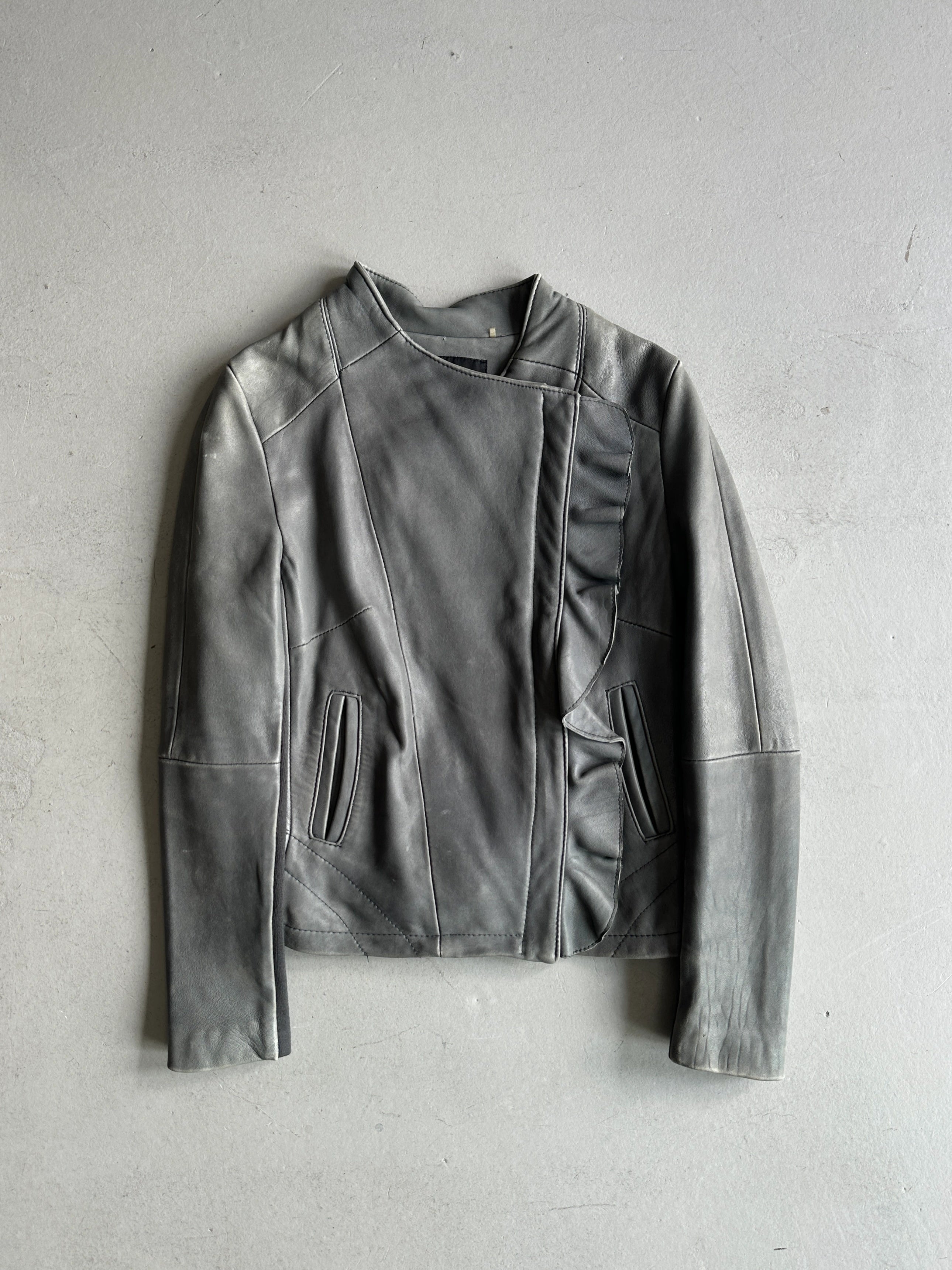 ELIE TAHARI - 2000s ASYMMETRIC RUCHED FRONT LEATHER JACKET