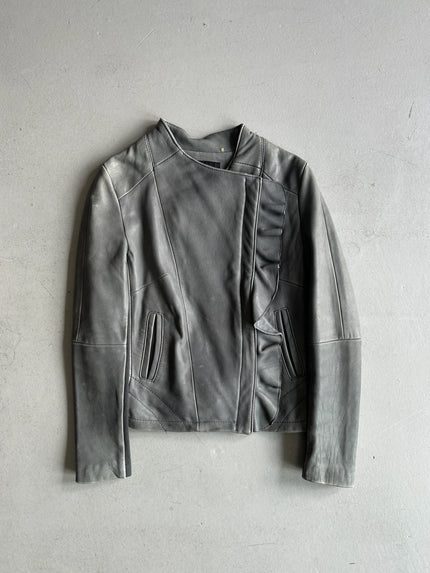ELIE TAHARI - 2000s ASYMMETRIC RUCHED FRONT LEATHER JACKET