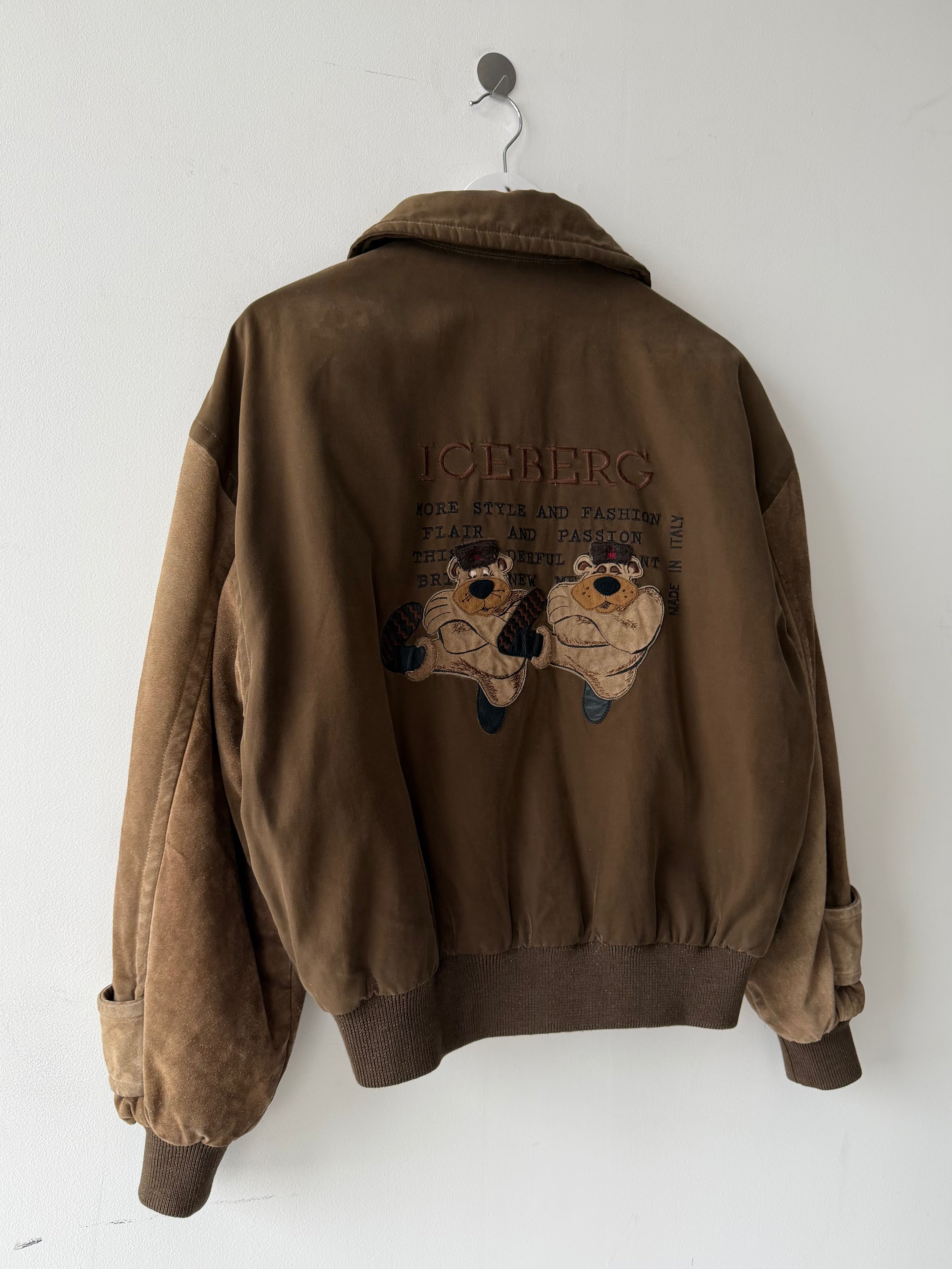 ICEBERG - 1980s BOMBER JACKET WITH CONTRASTING SUEDE SLEEVE AND APPLIQUÉ AT BACK