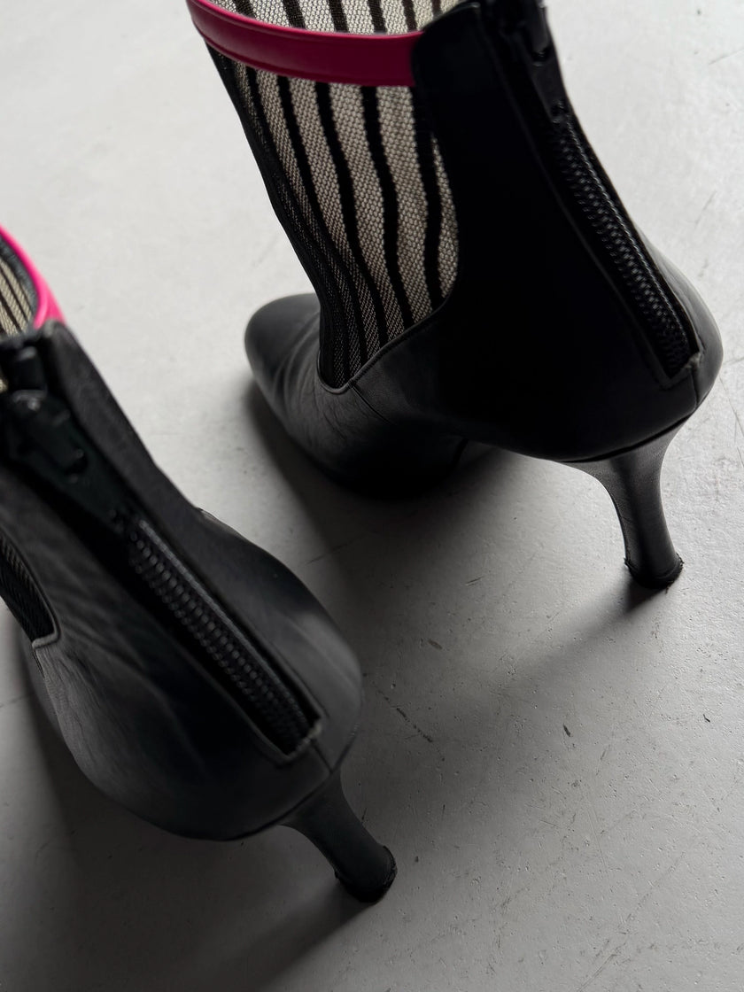 LIMI FEU BY LIMI YAMAMOTO - 2000s LEATHER ANKLE BOOTS WITH SHEER MESH PANEL