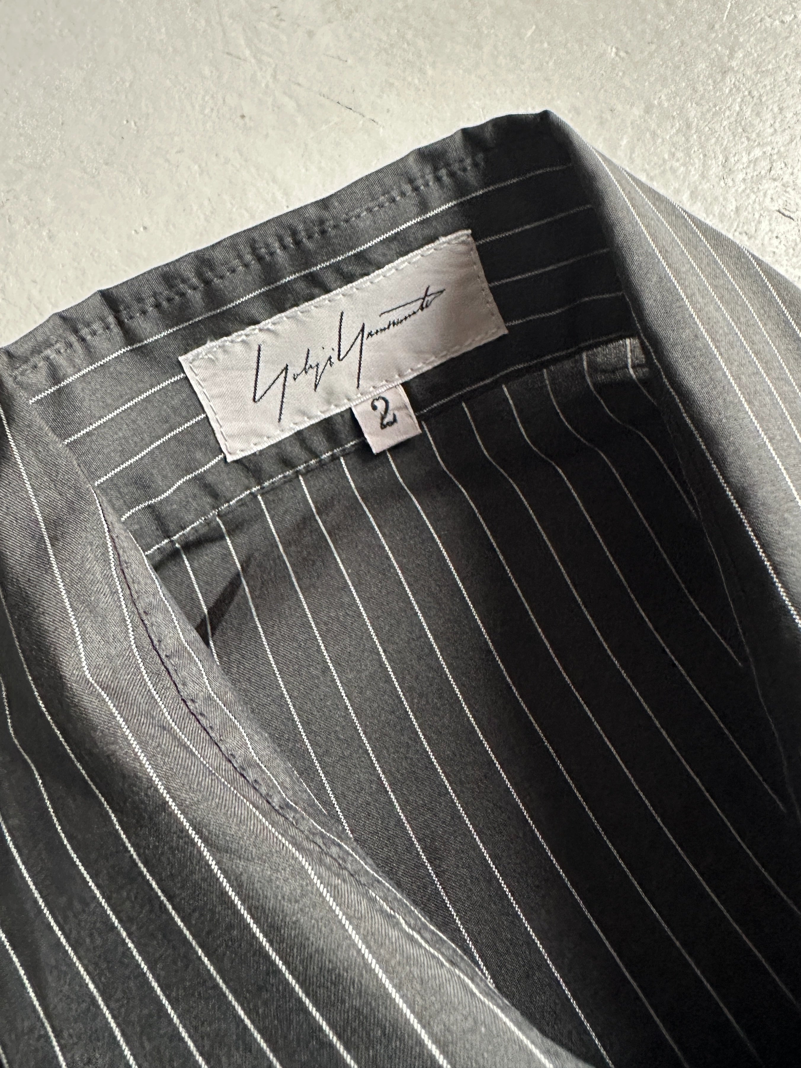 YOHJI YAMAMOTO - S/S 2003 PINSTRIPED SILK SHIRT WITH FLORAL RUFFLE DETAIL AT FRONT