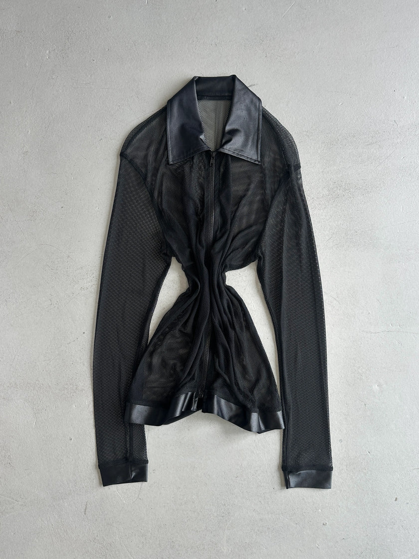 2000s ZIPPED MESH SHIRT WITH SATIN POINTED COLLAR