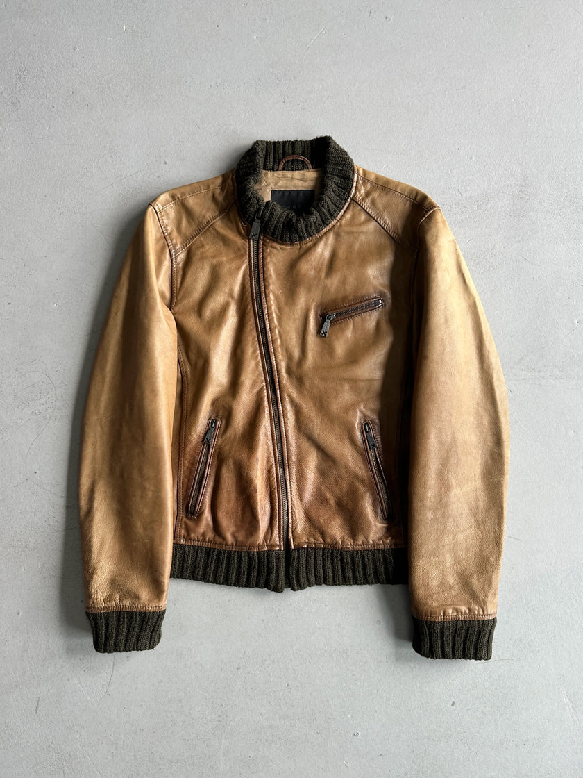 JOHN RICHMOND X - F/W 2005 LEATHER BIKER JACKET WITH KNITTED COLLAR