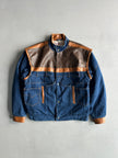 1980s FUNNEL NECK DENIM BOMBER JACKET WITH LEATHER DETAILS