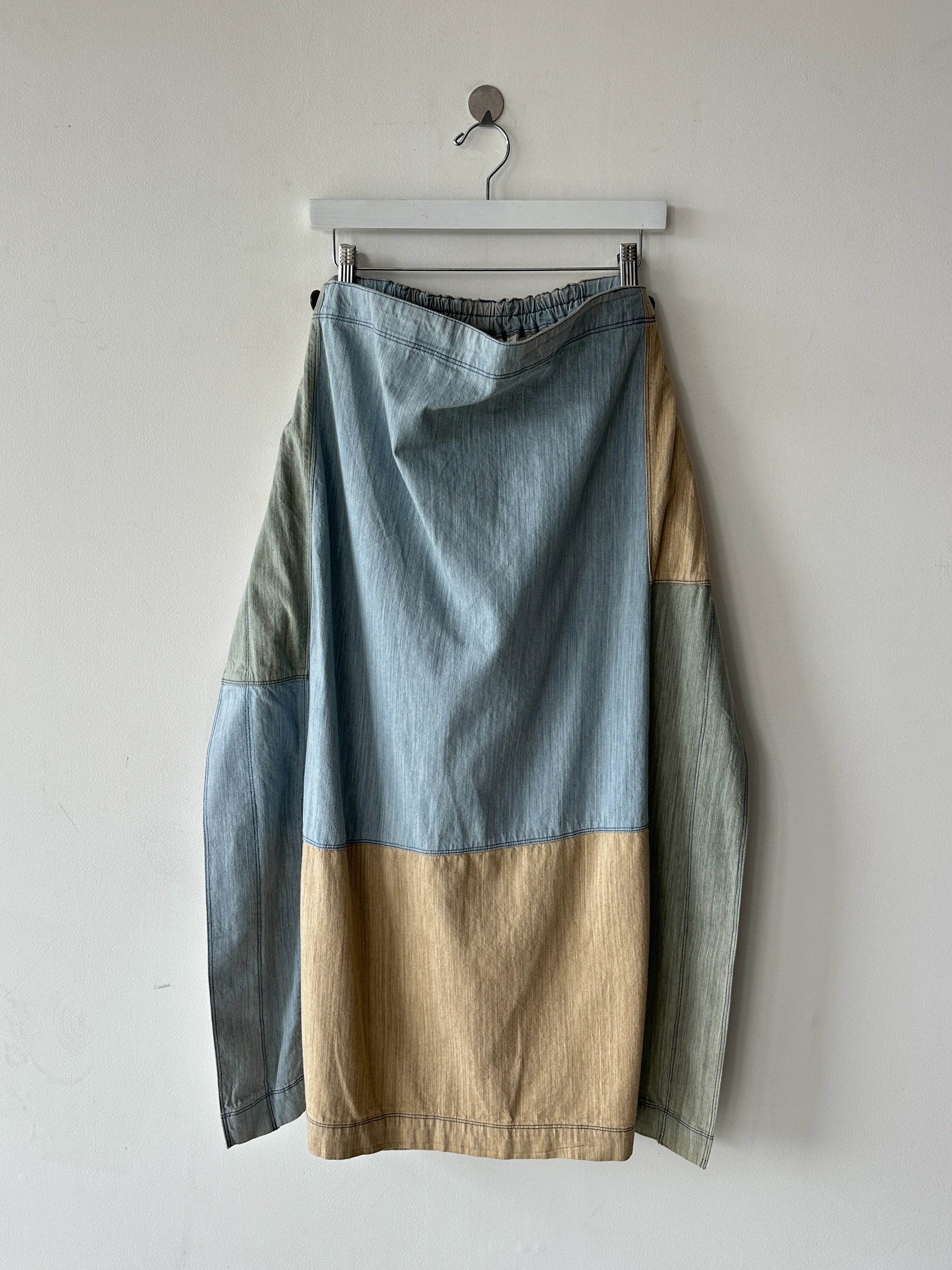 ISSEY MIYAKE HAI - 1980s PATCHWORK DENIM MAXI WRAP SKIRT