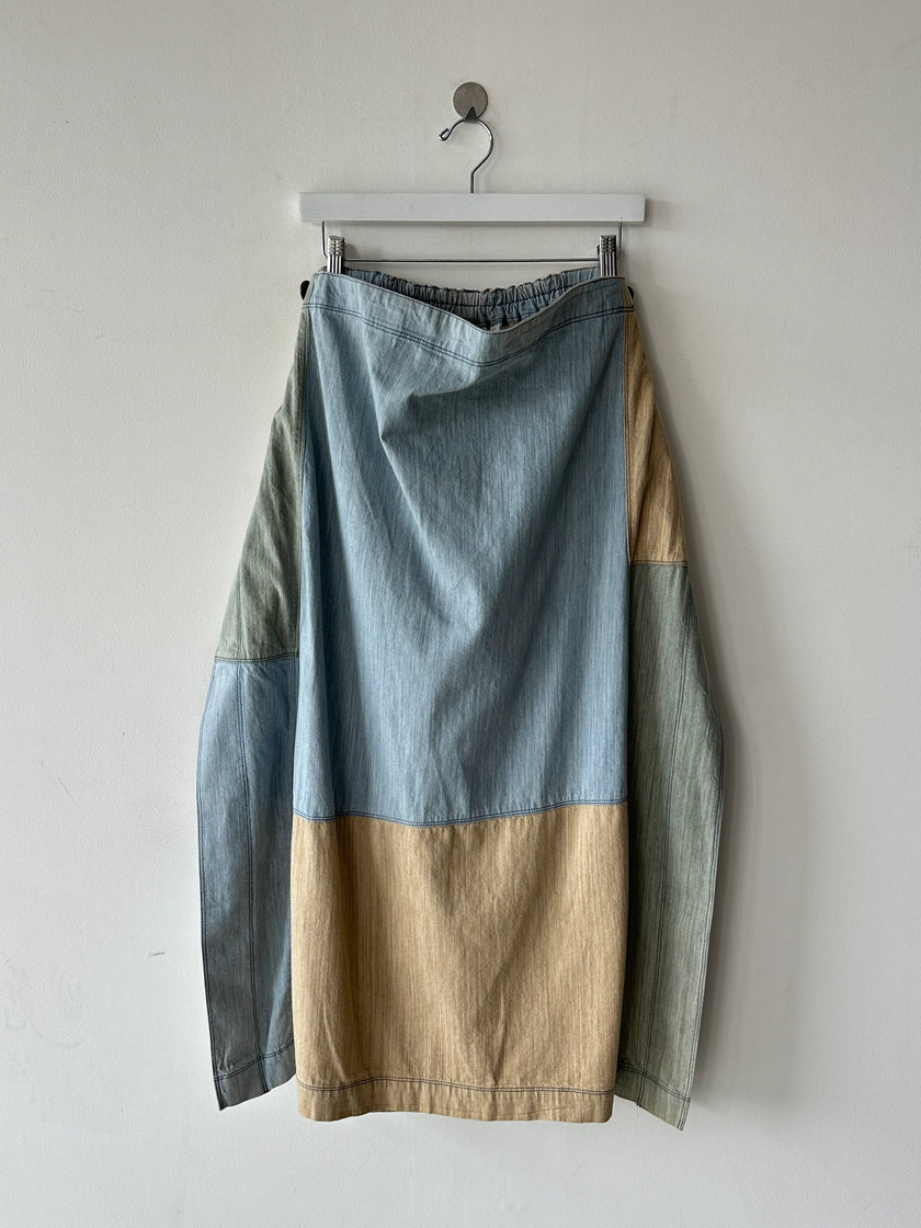 ISSEY MIYAKE HAI - 1980s PATCHWORK DENIM MAXI WRAP SKIRT