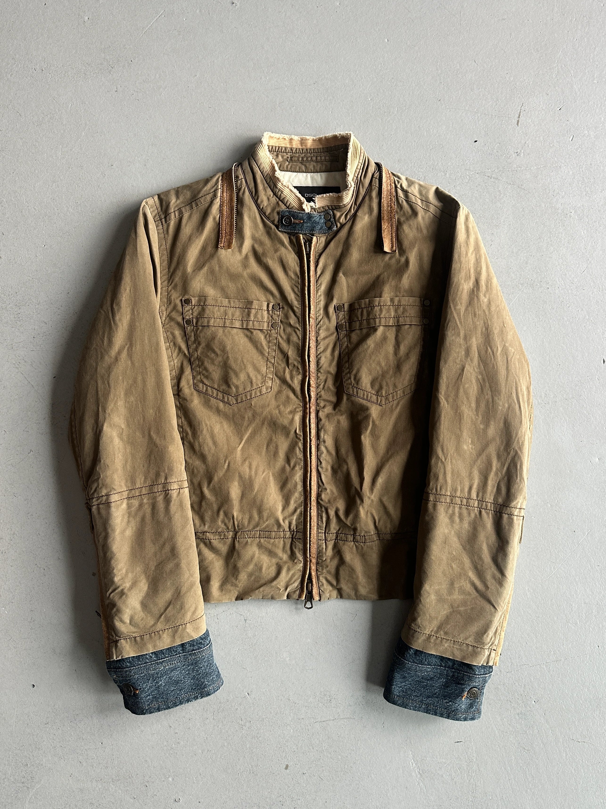 DSQUARED2 - F/W 2002 HOMELESS COLLECTION LAYERED DENIM SLEEVE JACKET WITH LEATHER DETAILS