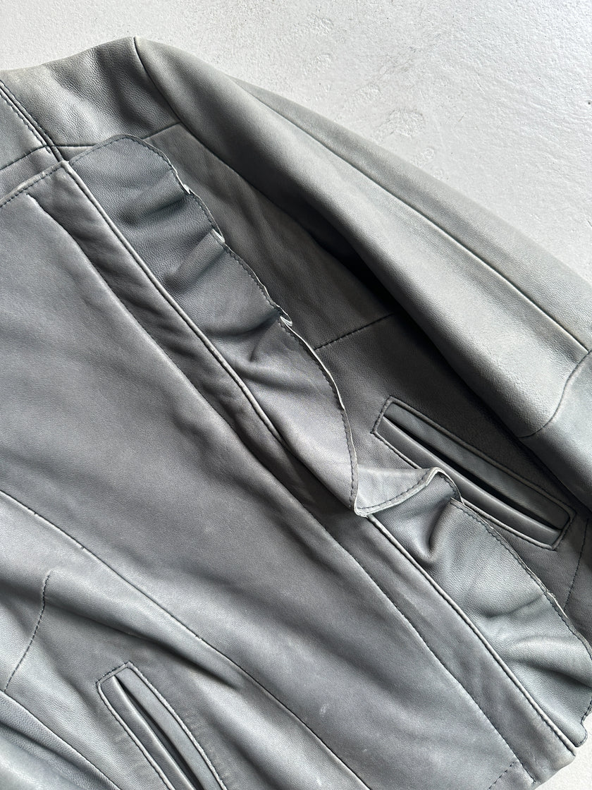 ELIE TAHARI - 2000s ASYMMETRIC RUCHED FRONT LEATHER JACKET