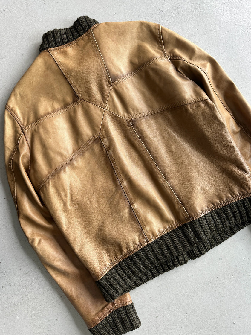 JOHN RICHMOND X - F/W 2005 LEATHER BIKER JACKET WITH KNITTED COLLAR