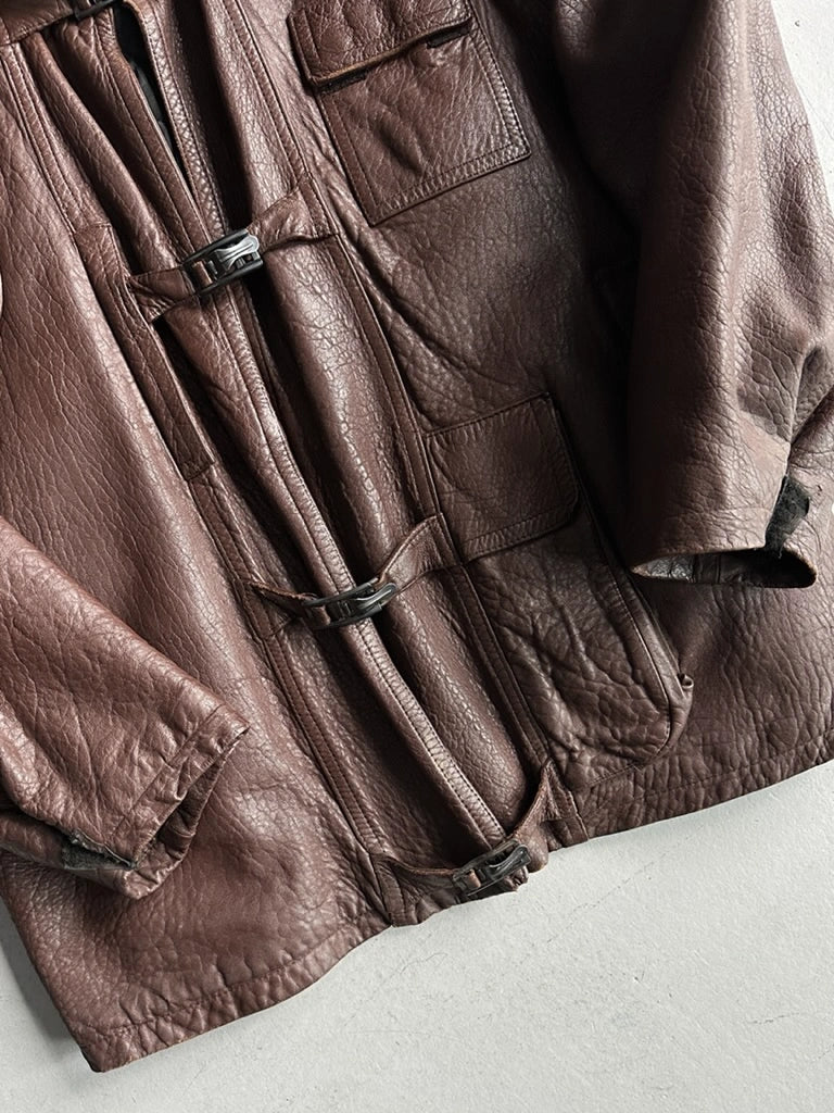 MARITHÉ + FRANÇOIS GIRBAUD X COMPAGNIE DES MONTAGNES & DES FORETS - 1980s FUR COLLAR LEATHER MIDI JACKET WITH METAL HOOKS FRONT CLOSURE
